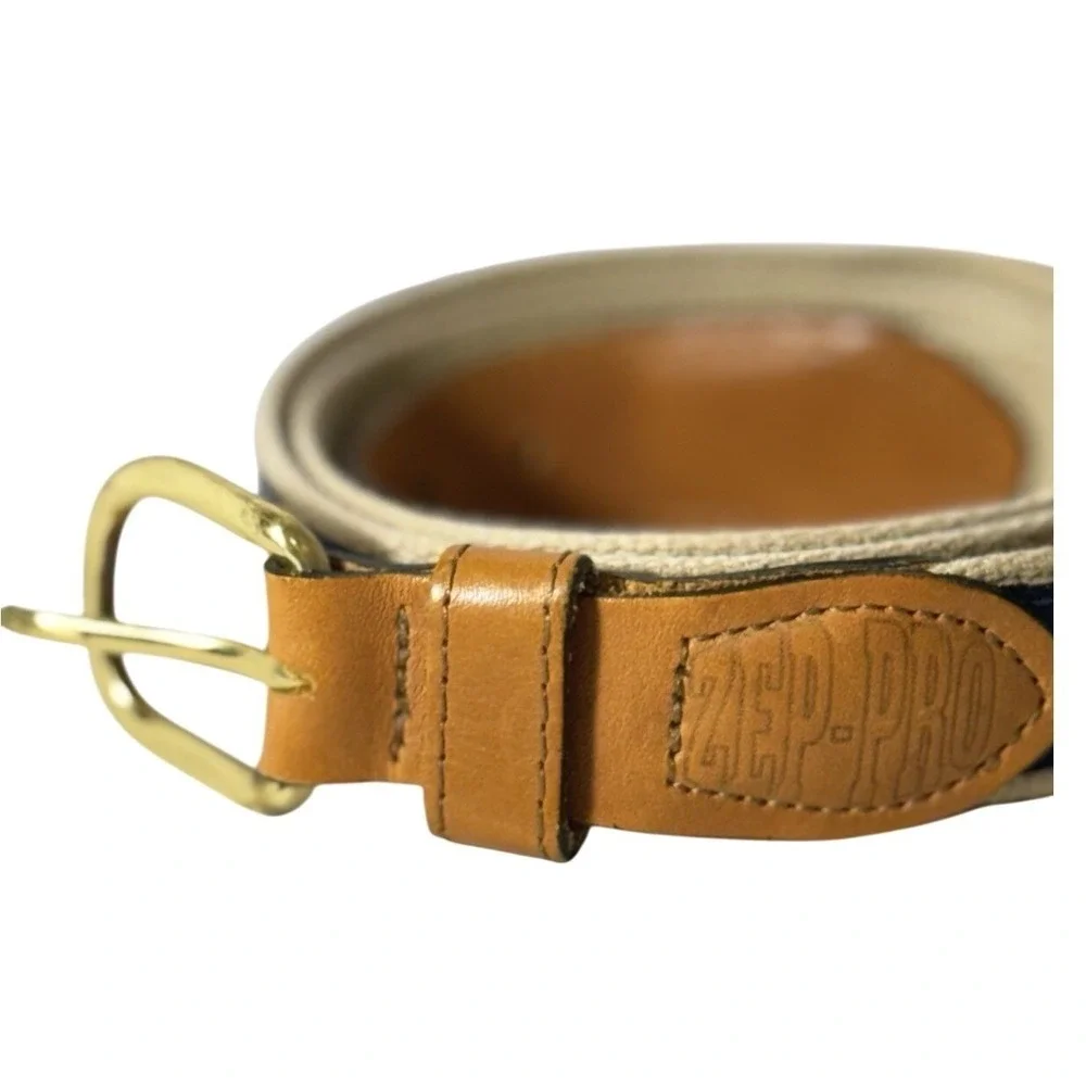 Vintage ZEP-PRO Sailboats Cream Cotton‎ Brown Leather Brass Buckle Belt 38 USA
